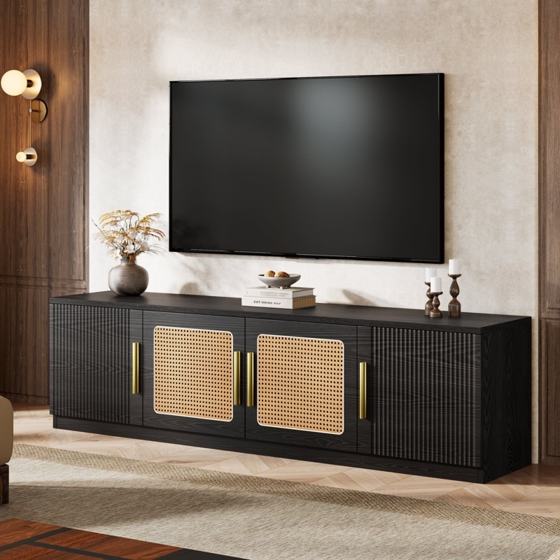 Mid-Century TV Stand Ribbed Doors Cane Inserts Gold Hardware