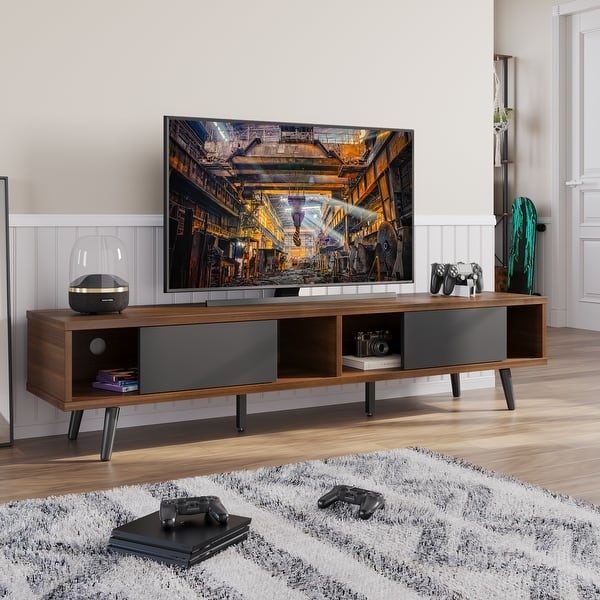 Mid Century TV Stand Walnut Charcoal Sliding Doors Tapered Legs