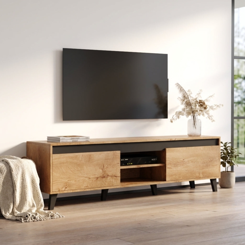 Mid-Century TV Stand with Black Accent Strip and Handleless Design