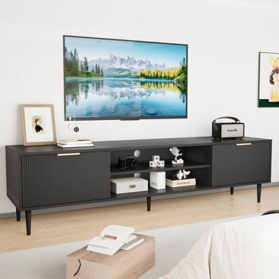 Mid-Century TV Stand with Fluted Panels and Gold Handles.