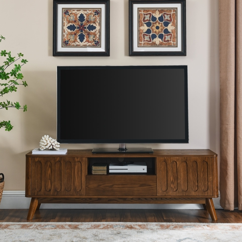 Mid Century TV Stand with Fluted Wood Doors and Tapered Legs