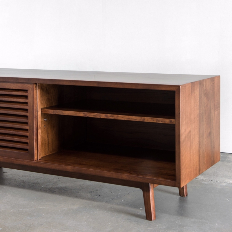 Mid-Century TV Stand with Slatted Sliding Door & Shelving