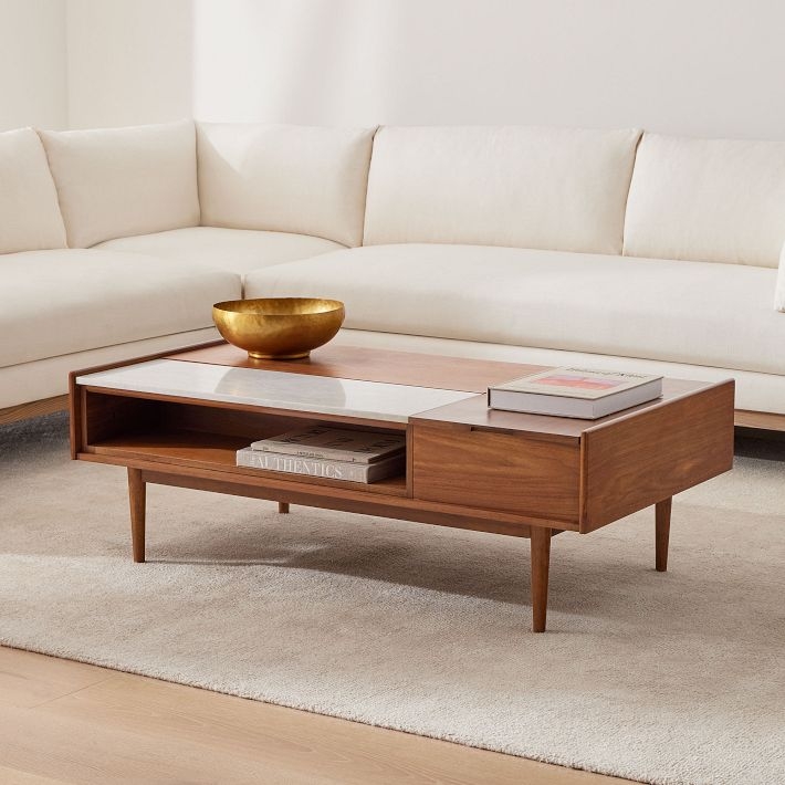 Mid Century Walnut Coffee Table with Marble Inset Top