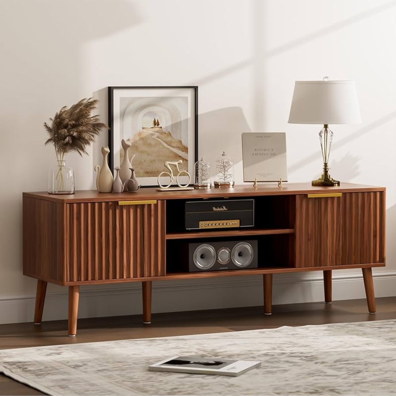 Mid-Century Walnut TV Stand with Fluted Cabinet Doors and Tapered Legs