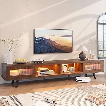 Mid-Century Walnut TV Stand with Fluted Glass Doors and LED Lighting