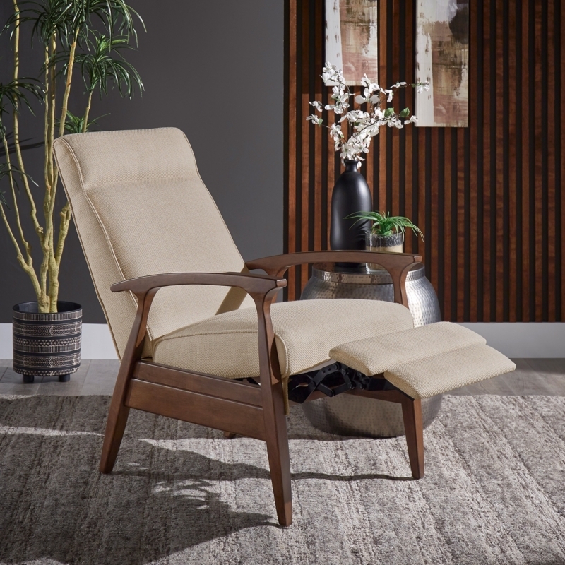 Mid-Century Wood Frame Recliner, Beige Fabric, Pop-Up Footrest