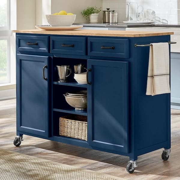 Midnight Blue Kitchen Cart Butcher Block Top Mobile Storage Solution