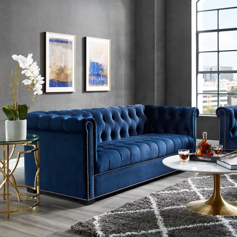 Midnight Blue Velvet Chesterfield Sofa, Silver Nailhead Trim