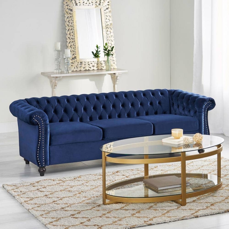 Midnight Blue Velvet Sofa with Flared Rolled Arms and Nailheads