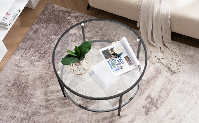 Minimalist Black Metal Coffee Table featuring Clear Glass Top Storage