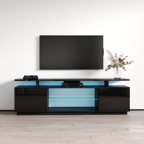 Minimalist Black TV Stand with Blue LED Accent Lighting