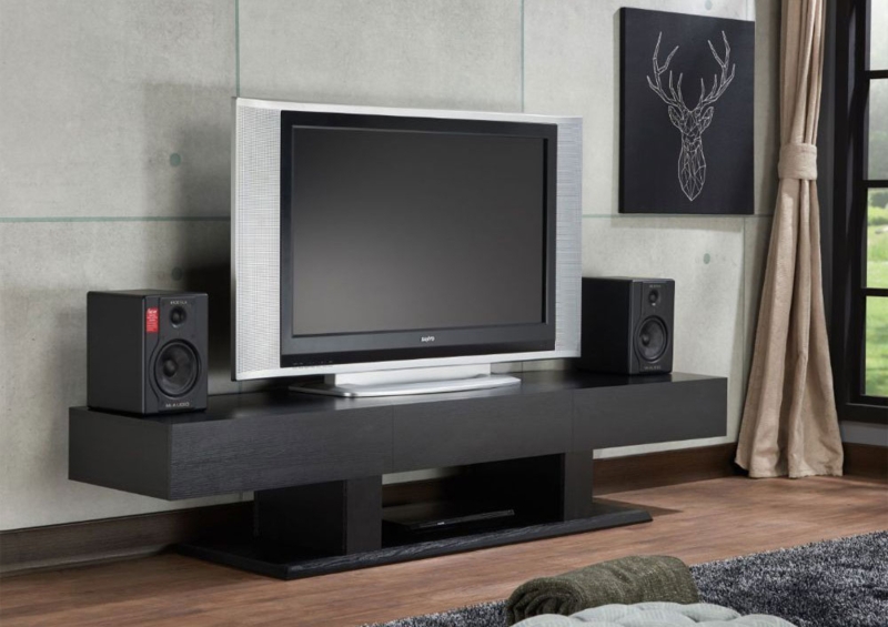 Minimalist Black TV Stand with Cantilevered Top and Block Base