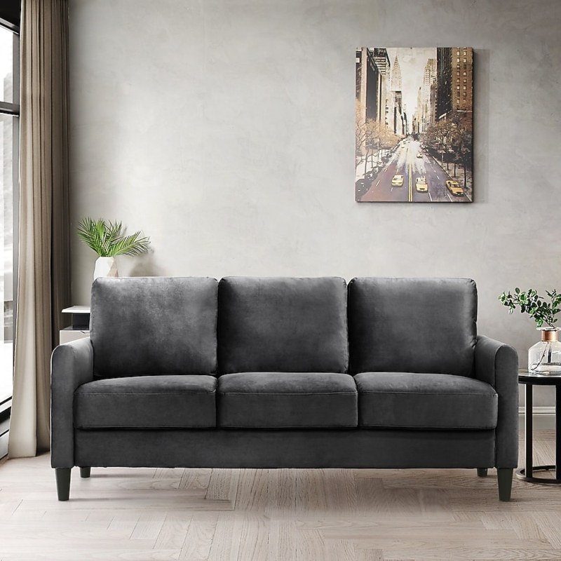 Minimalist Charcoal Gray Velvet Sofa with Square Arms and Tapered Legs