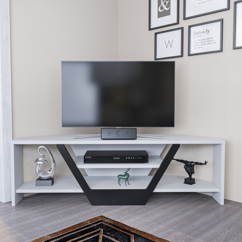 Minimalist Corner TV Stand White Black Geometric Accent