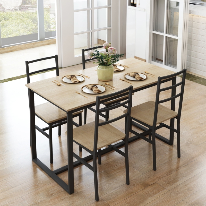 Minimalist Dining Set Slatted Back Chairs Warm Wood Tone 5-Piece
