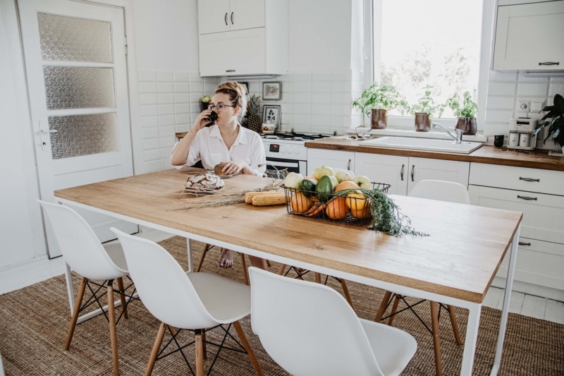Minimalist Dining Table Thick Wood Top White Metal Legs