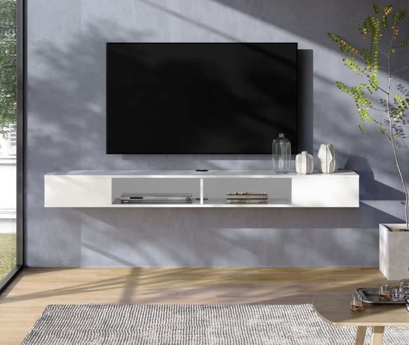 Minimalist Floating Media Console with Open Shelving & Cabinets