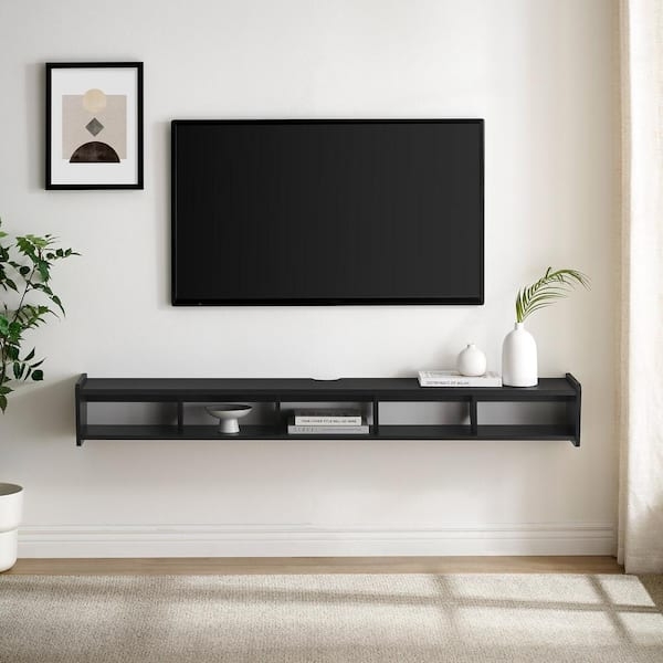 Minimalist Floating TV Stand Matte Black Open Cubby Shelf