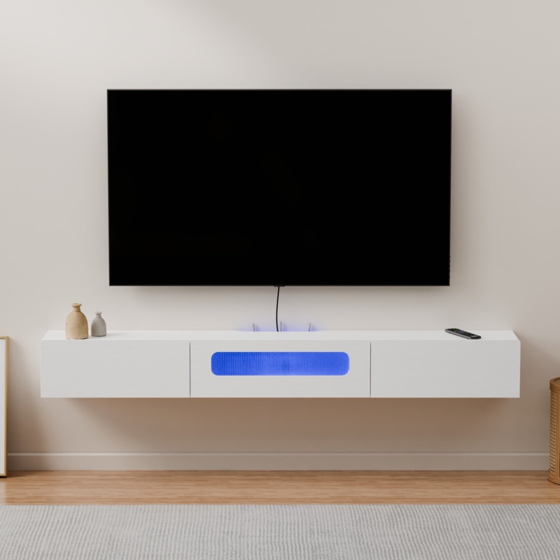 Minimalist Floating TV Stand with LED & Ribbed Center Panel