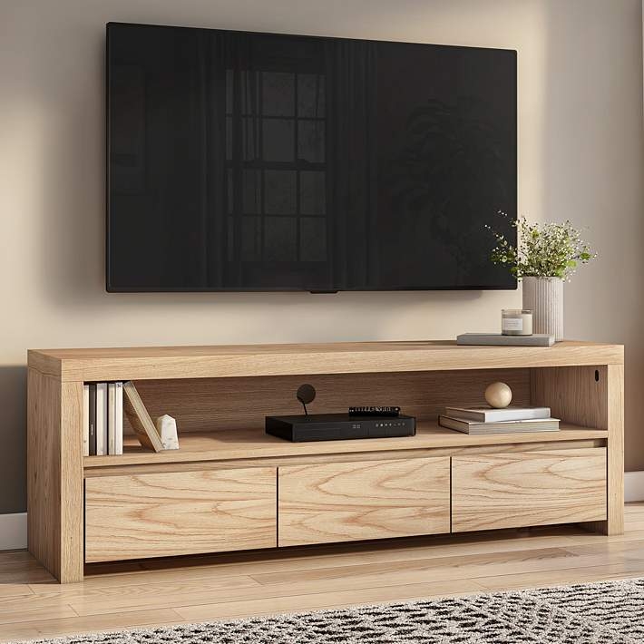 Minimalist Media Stand with Thick Block Frame and Triple Drawer Base