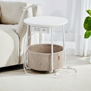 Minimalist Nightstand with Storage Basket, Wood Toned Top, Camel Brown.