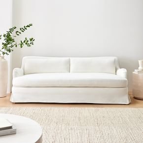Minimalist Performance Fabric Sofa with Skirted Base and Bench Seat