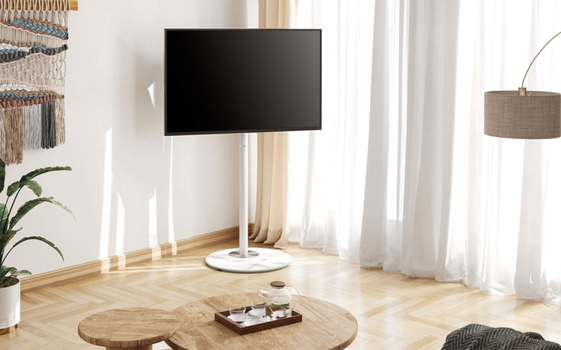 Minimalist Pole TV Stand Matte White with Circular Base Mount