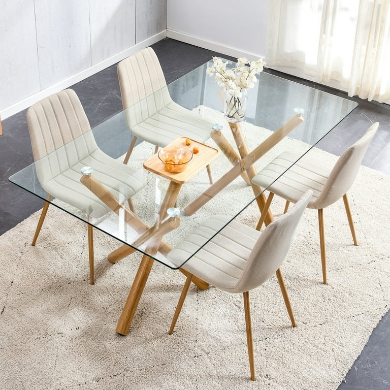 Minimalist Rectangular Dining Set with Glass Top and X-Frame Base