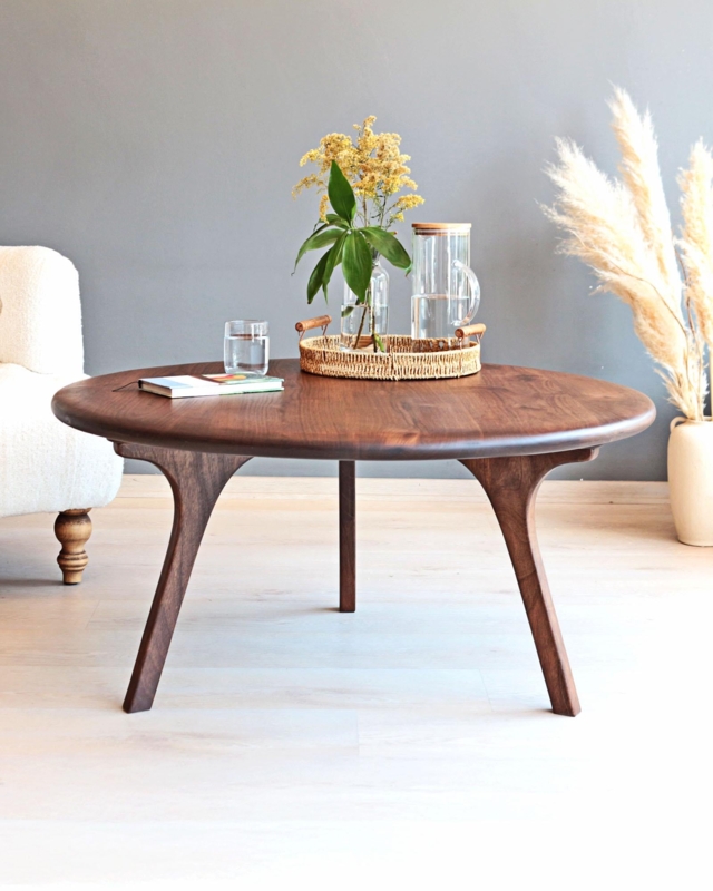 Minimalist Round Coffee Table, Walnut with Sculptural Tapered Legs