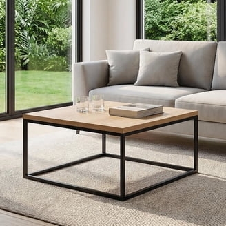 Minimalist Square Coffee Table Open Cubic Base Light Wood Black Metal