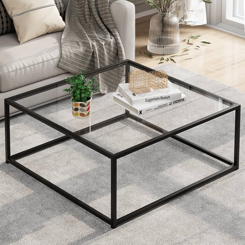 Minimalist Square Coffee Table with Black Metal Frame and Glass Top