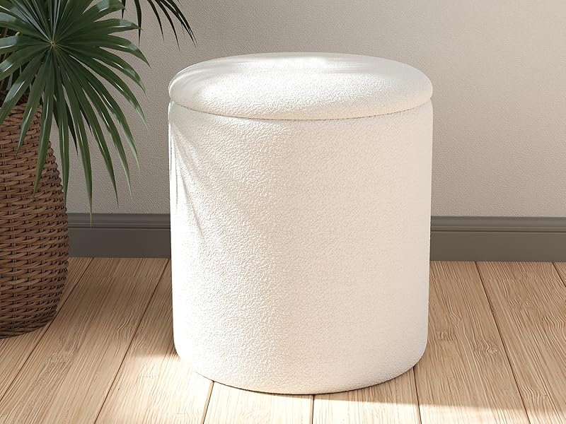 Minimalist Storage Ottoman Set Cream Boucle Round Vanity Stools
