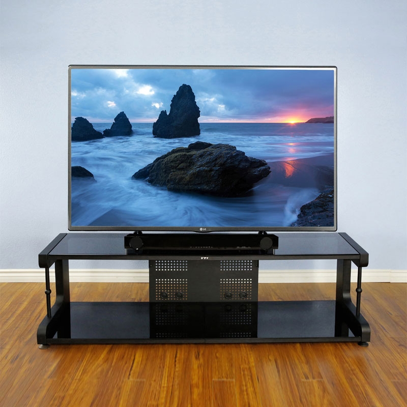 Minimalist TV Stand featuring Black Glass Shelves and Metal Frame.
