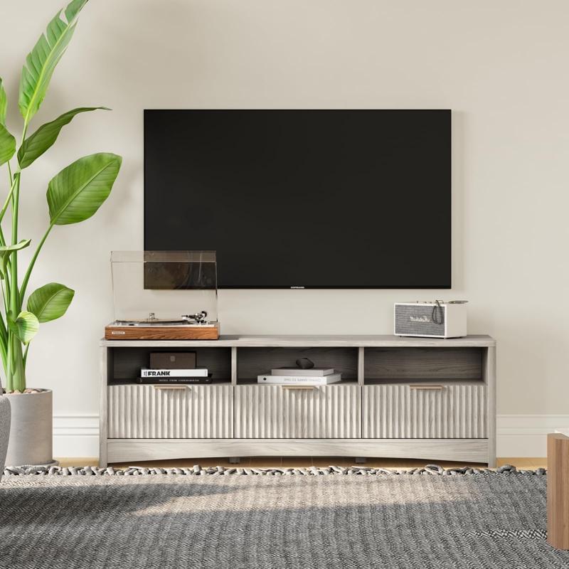 Minimalist TV Stand featuring Fluted Drawer Fronts in Grey