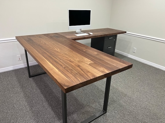 Minimalist Walnut L-Shaped Desk with U-Shaped Metal Legs