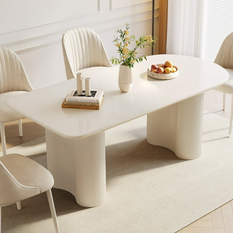 Minimalist White Fluted Pedestal Table with Oval Top