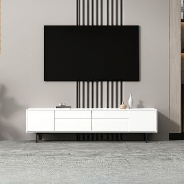Minimalist White TV Stand with Handleless Drawers and Black Legs