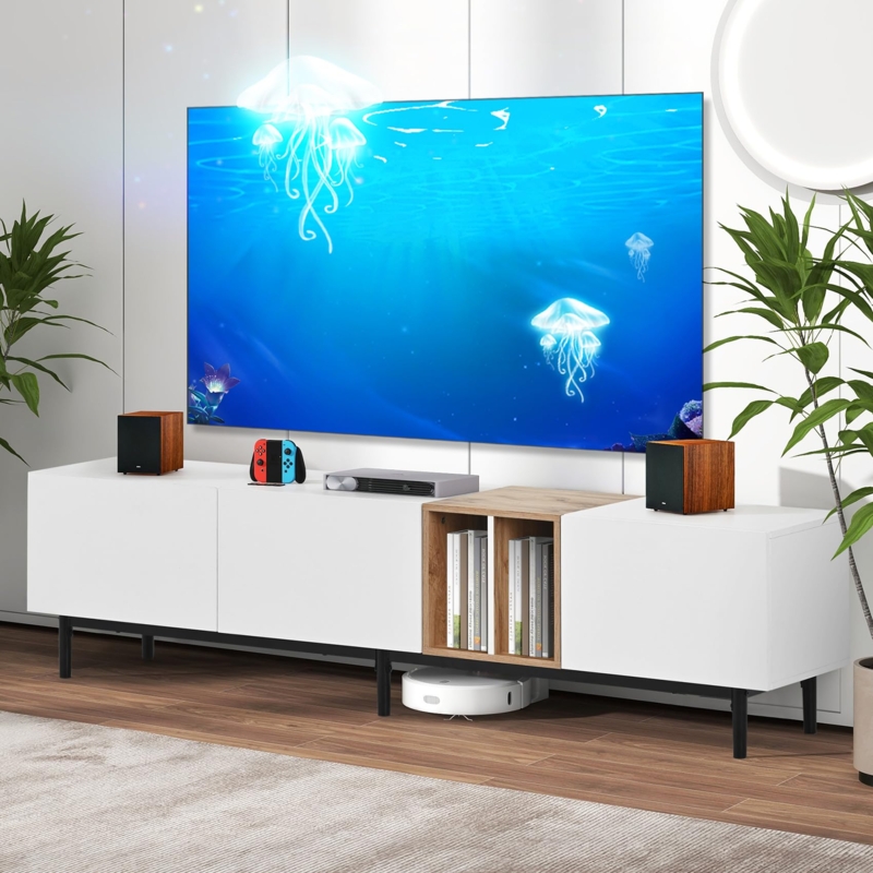 Minimalist White TV Stand with Integrated Wood-Toned Open Cubby