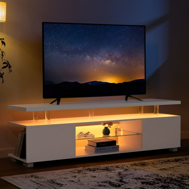 Minimalist White TV Stand with LED Lighting and Clear Support Pillars