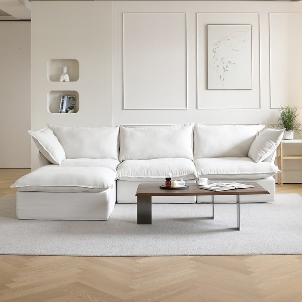 Minimalist White Velvet Sectional with Oversized Cushions