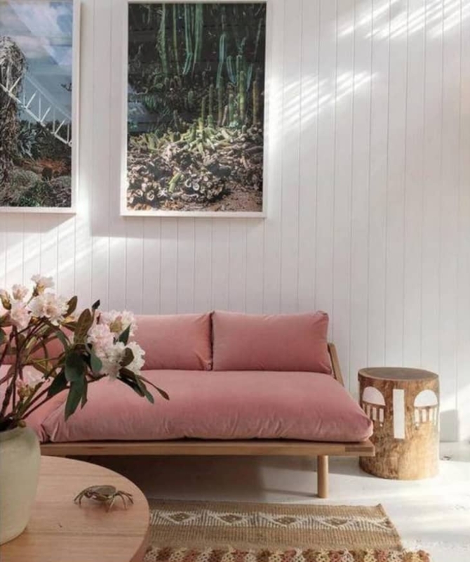Minimalist Wood Daybed Sofa Dusty Rose White Shiplap Walls