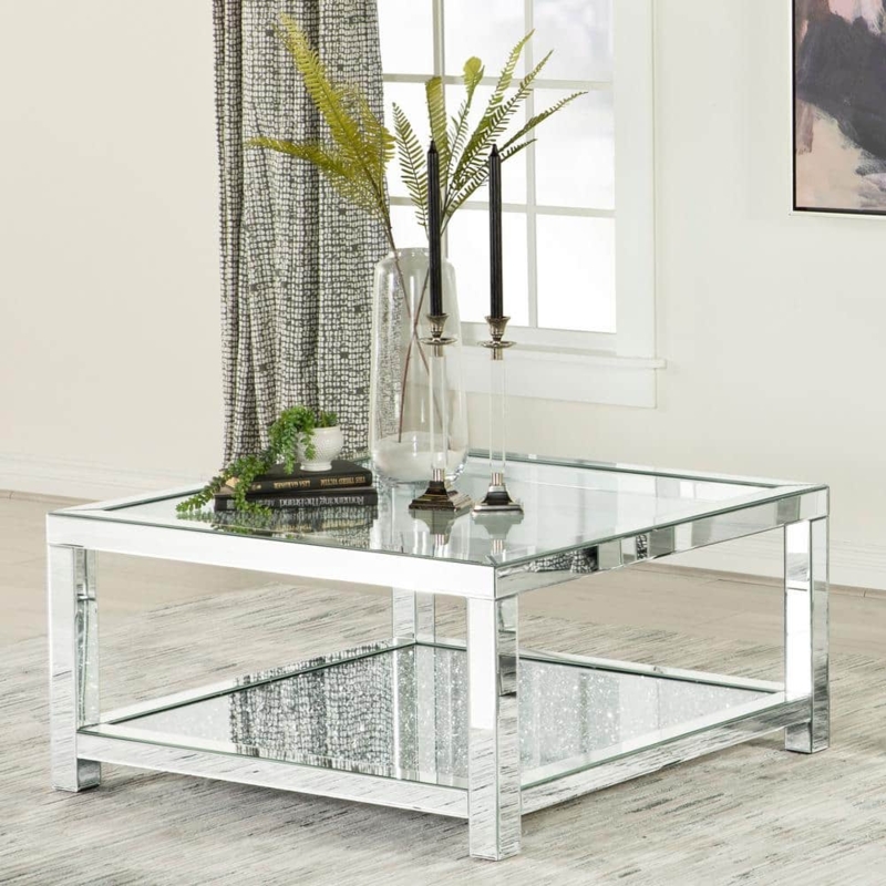 Mirrored Square Coffee Table with Glass Top and Tiered Shelf Glam Style