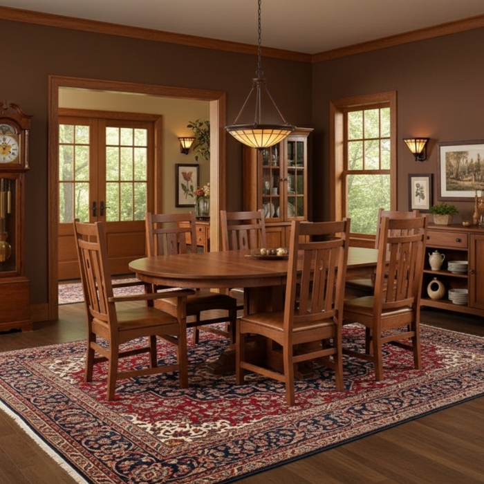 Mission Dining Table Set Round Oak with Slat Back Chairs