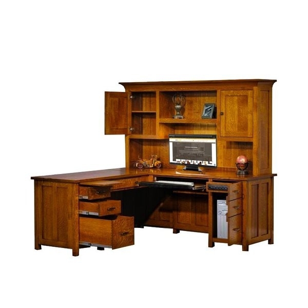 Mission L-Shaped Desk Hutch, Honey Oak Finish, Slatted Sides