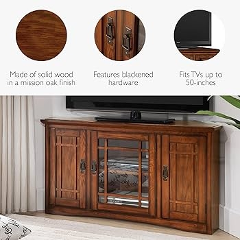 Mission Oak Corner TV Stand with Blackened Hardware and Glass Doors