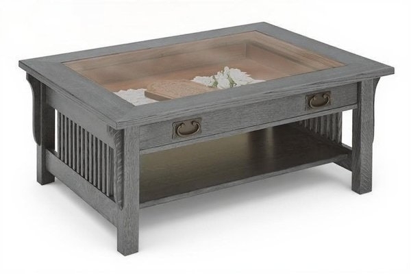 Mission Style Coffee Table with Glass Display Top and Storage