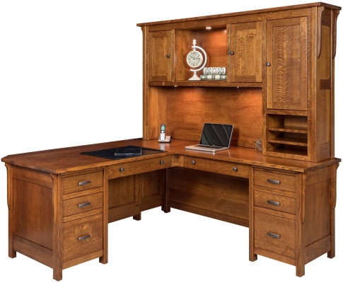 Mission Style Corner Desk with Integrated Hutch and Lighting