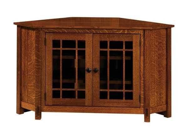 Mission Style Corner TV Stand featuring Glass Doors with Mission Mullions
