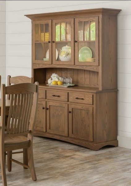 Mission Style Dining Hutch in Medium Brown Wood with Open Deck Shelf