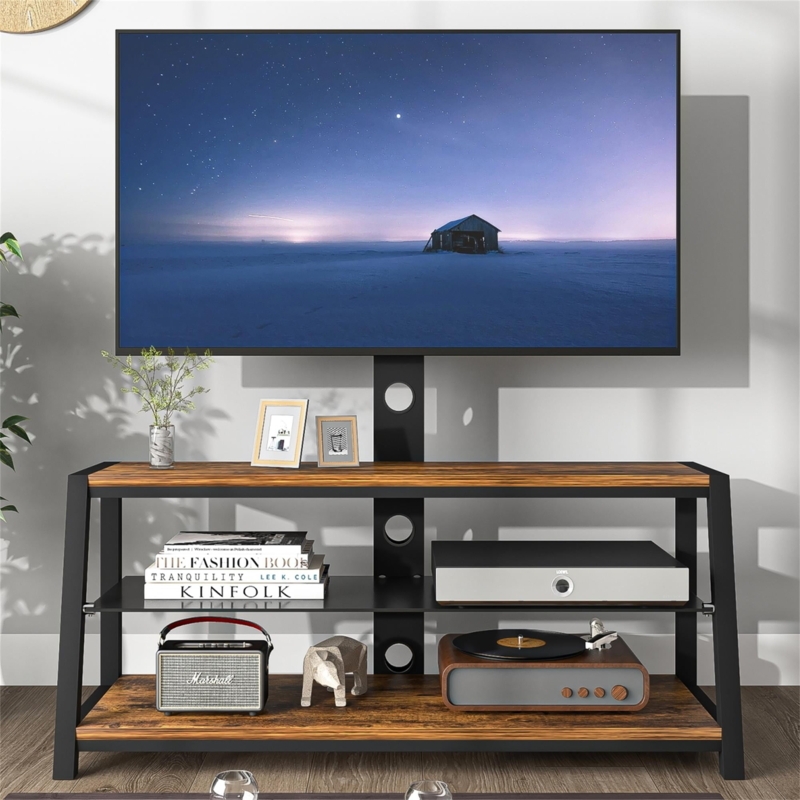 Mixed Material TV Stand with Mount and Glass Middle Shelf